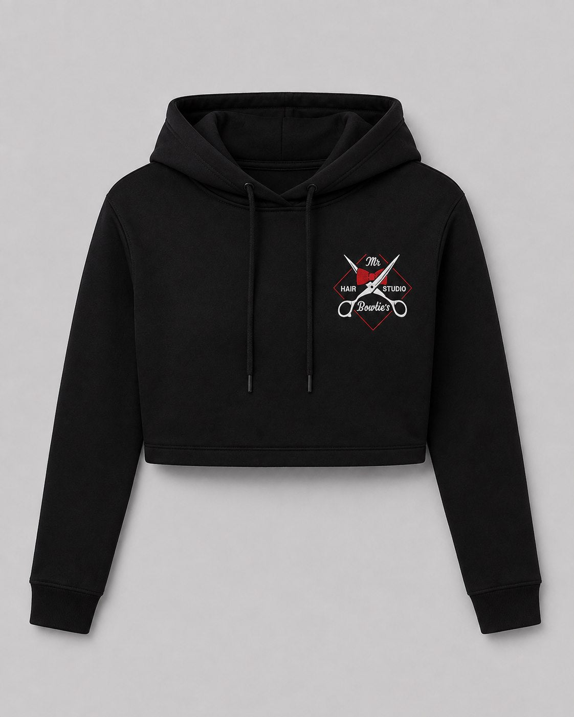 Mr. Bowtie's Women's Crop Hoodie with embroidered logo